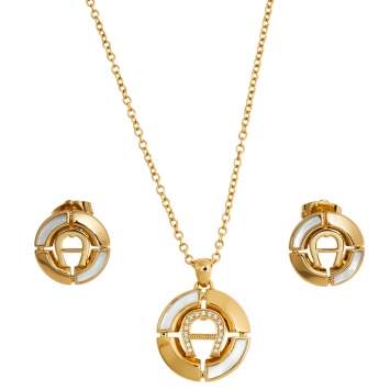Pre Owned Aigner Gold Tone Crystal Logo Earring & Necklace Set
