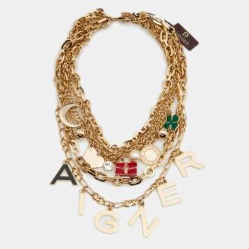 Pre Owned Aigner Enamel Faux Pearl Gold Tone Necklace