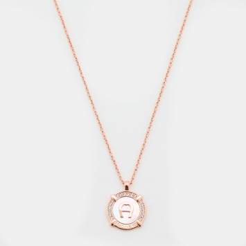 Pre Owned Aigner Rose Gold Tone Crystal & Mother of Pearl Logo Pendant Necklace
