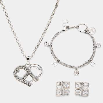 Pre Owned Aigner Crystals Silver Tone Necklace Set with Bracelet