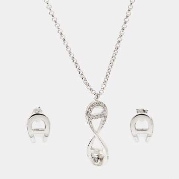 Pre Owned Aigner Crystal SIlver Tone Necklace Set