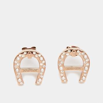 Pre Owned Aigner Crystals Faux Pearls Gold Tone Earrings