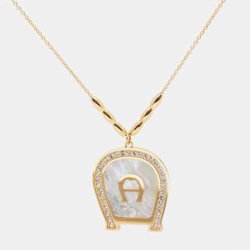 Pre Owned Aigner Gold Tone Crystal Mother of Pearl A Logo Pendant Necklace