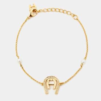 Pre Owned Aigner Crystal Faux Pearl Gold Tone Bracelet