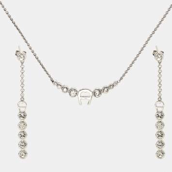 Pre Owned Aigner Crystal Sterling Silver Necklace Set
