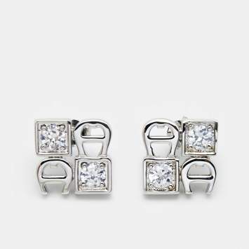 Pre Owned Aigner Crystals Logo Silver Tone Stud Earrings