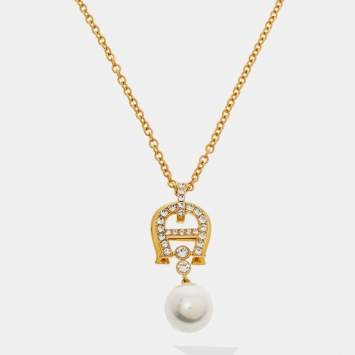 Pre Owned Aigner Crystal Faux Pearl Gold Tone Long Pendant Necklace