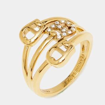 Pre Owned Aigner A Logo Crystal Gold Tone Ring Size 56
