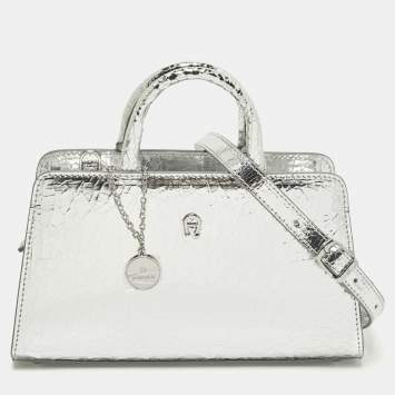 Pre Owned Aigner Cybill Stretch S Mini Silver Crackled Leather Satchel