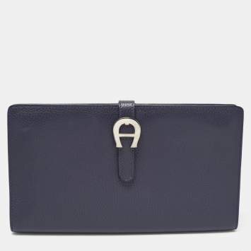 Pre Owned Aigner Navy Blue Leather Logo Flap Organizer Clutch