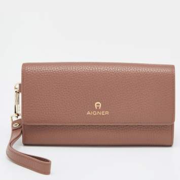 Pre Owned Aigner Brown Leather Flap Continental Wristlet Wallet