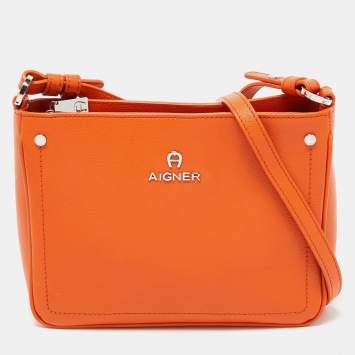 Pre Owned Aigner Orange Leather Logo Crossbody Bag