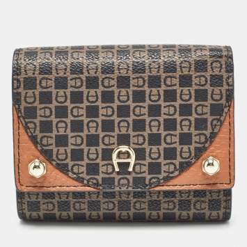 Pre Owned Aigner Brown Signature Coated Canvas Trifold Wallet