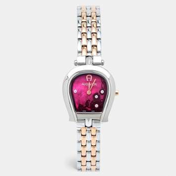 Pre Owned Aigner Burgundy Mother of Pearl Two Tone Stainless Steel Perugina LG21513 Women's Wristwatch 26 mm
