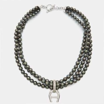 Pre Owned Aigner Logo Crystals Black Faux Pearls Silver Tone  Multistrand Necklace