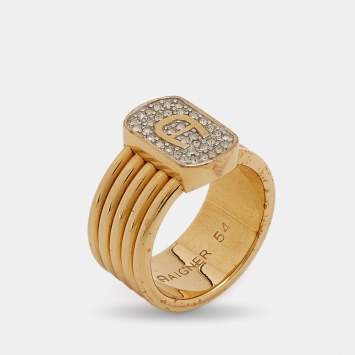 Pre Owned Aigner Gold Tone Crystal Logo Band Ring Size 54