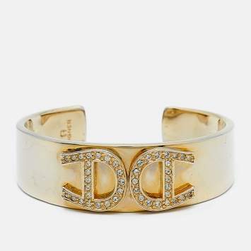 Pre Owned Aigner Crystal Studded Logo Gold Tone Open Cuff Bracelet