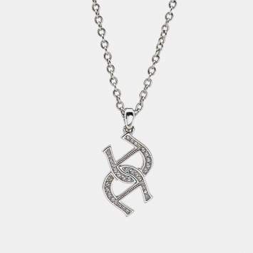 Pre Owned Aigner Logo Crystals Silver Tone Necklace