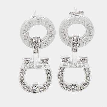 Pre Owned Aigner Logo Crystals Silver Tone Earrings