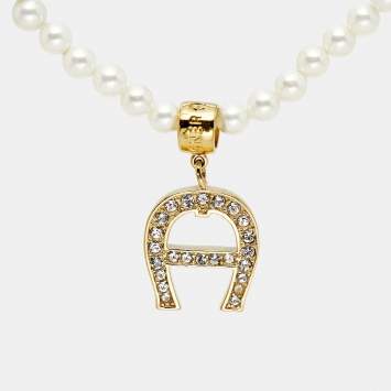 Pre Owned Aigner Logo Faux Pearl Crystal Gold Tone Necklace