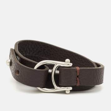 Pre Owned Aigner Logo Leather Silver Tone Double Tour Set of 2 Bracelets