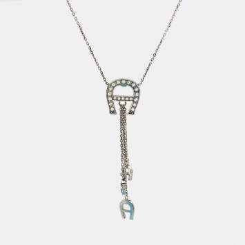 Pre Owned Aigner Logo Crystals Sterling Silver Pendant Necklace