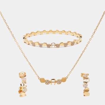 Pre Owned Aigner Crystal Logo Gold Tone Bracelet Earring and Necklace Set