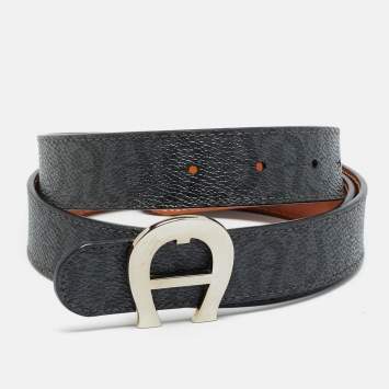 Pre Owned Aigner Logo 85 CM Buckle Belt Grey/Black Signature Coated Canvas