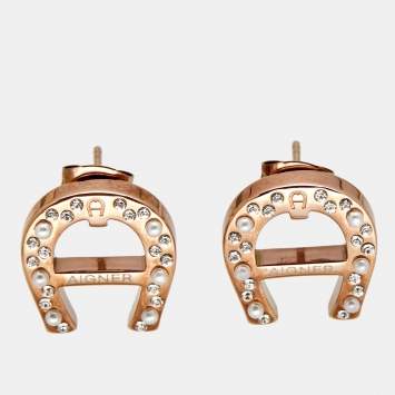 Pre Owned Aigner Crystals Faux Pearls Crystals Rose Gold Tone Earrings