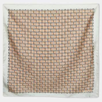 Pre Owned Aigner Ivory Logo Print Silk Square Scarf