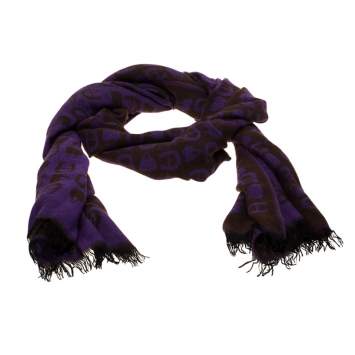 Pre Owned Aigner Brown and Purple Horseshoe Logo and Bag Pattern Jacquard Fringed Scarf