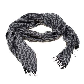 Pre Owned Aigner Black and Grey Logo Pattern Jacquard Fringed Edge Scarf