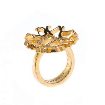 Pre Owned Aigner Crystal Gold Tone Cocktail Ring Size 52
