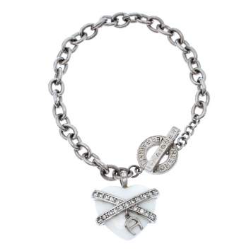 Pre Owned Aigner Crystal Resin Heart Charm Silver Tone Toggle Bracelet