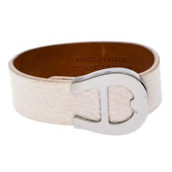 Pre Owned Aigner Silver Tone White Leather Cybill Wide Bracelet