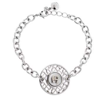 Pre Owned Aigner Silver Tone Mother of Pearl Logo Bracelet