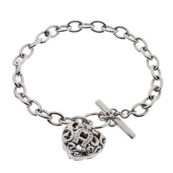 مملوكة مسبقًا Aigner Silver Tone Crystal Heart Charm Toggle Bracelet