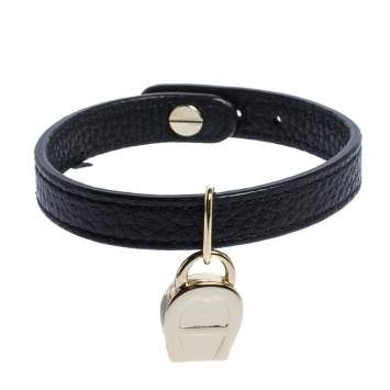 Pre Owned Aigner Black Leather Gold Tone Logo Charm Bracelet