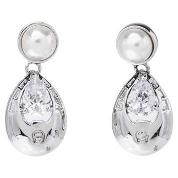 Pre Owned Aigner Faux Pearl & Crystal Silver Tone Drop Earrings