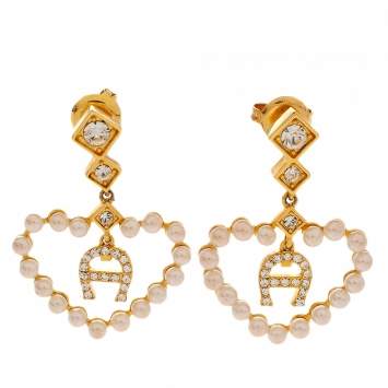 Pre Owned Aigner Faux Pearl Heart Crystal Gold Tone Drop Earrings