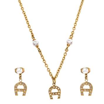 Pre Owned Aigner Crystal Logo Gold Tone Necklace and Earrings Set