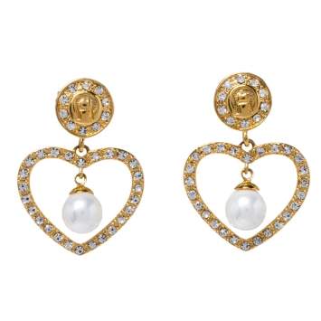 Pre Owned Aigner Heart Faux Pearl Crystal Gold Tone Drop Earrings
