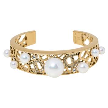 مملوكة مسبقًا  Aigner Faux Pearl Crystal Gold Tone Open Cuff Bracelet