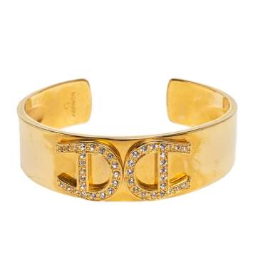 Pre Owned Aigner Crystal Studded Logo Gold Tone open Cuff Bracelet
