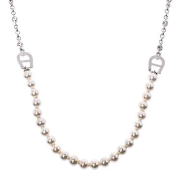 Pre Owned Aigner Crystal & Faux Pearl Silver Tone Necklace