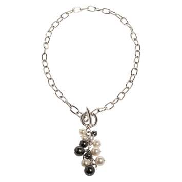 Pre Owned Aigner Silver Tone Faux Pearl Tasseled Necklace