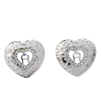 Pre Owned Aigner Silver Tone Heart Crystal Stud Earrings