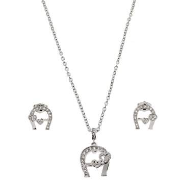 Pre Owned Aigner Crystal Heart Logo Charm Earrings & Necklace Set