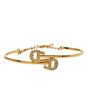 Pre Owned Aigner Crystal Logo Charm Gold Tone Bracelet