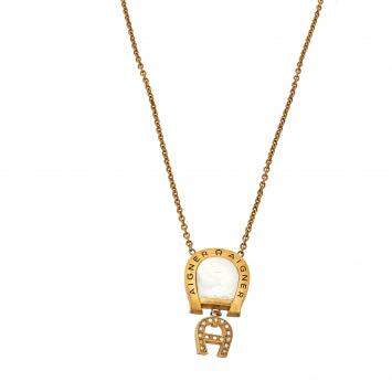 Pre Owned Aigner Gold Tone Mother of Pearl Crystal Logo Pendant Necklace